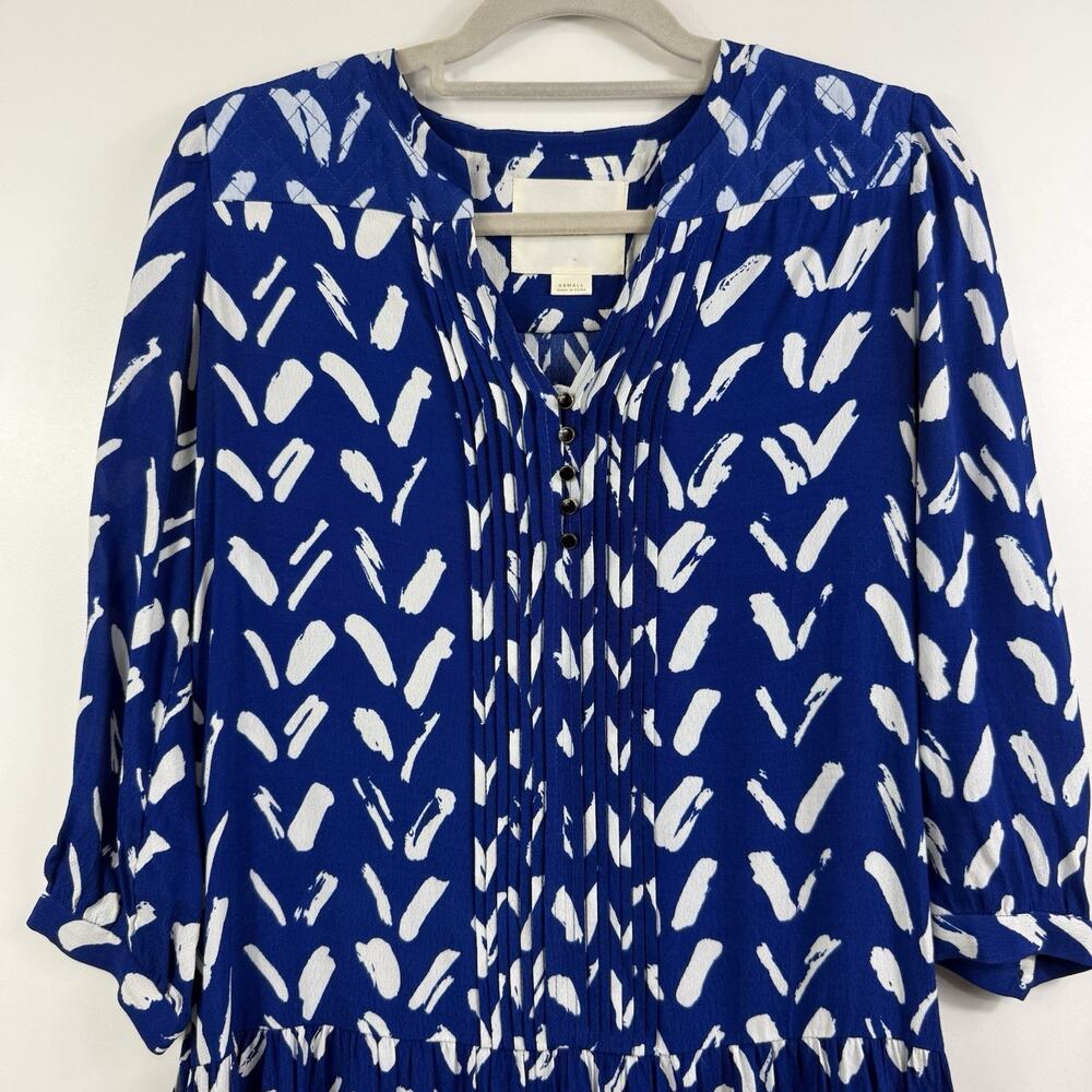 Maeve Anthropologie Blue White Mini Dress XS Drop Waist Pintuck Pleated Sheer - Picture 3 of 13